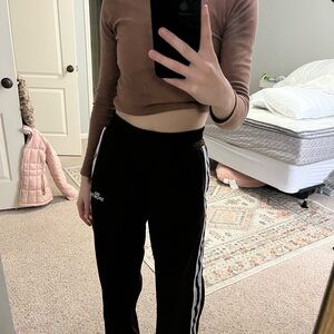 Brown Track Pants with White and Blue Stripes